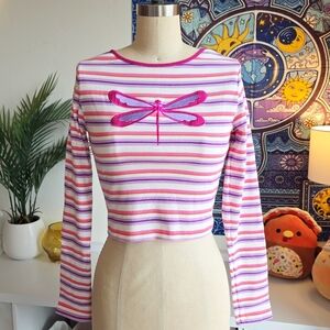 dELiA*s Embroidered Dragonfly Striped 2x2 Rib Cropped Long Sleeve Top Dolls Kill